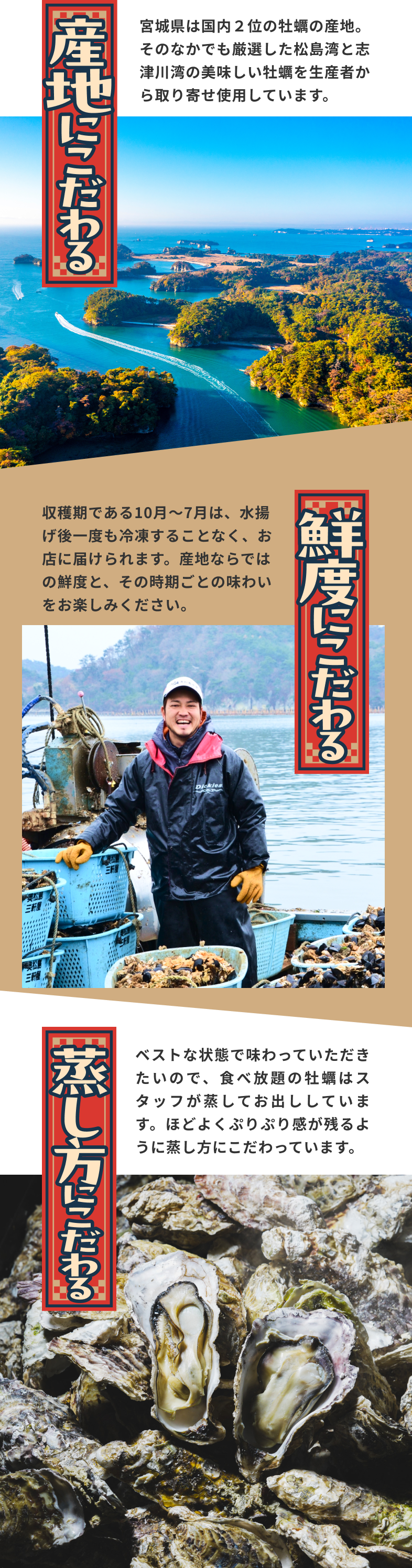 産地にこだわる。宮城県は国内２位の牡蠣の産地。そのなかでも厳選した松島湾と志津川湾の美味しい牡蠣を生産者から取り寄せ使用しています。 鮮度にこだわる。収穫期である10月〜7月は、水揚げ後一度も冷凍することなく、お店に届けられます。産地ならではの鮮度と、その時期ごとの味わいをお楽しみください。蒸し方にこだわる。ベストな状態で味わっていただきたいので、食べ放題の牡蠣はスタッフが蒸してお出ししています。ほどよくぷりぷり感が残るように蒸し方にこだわっています。